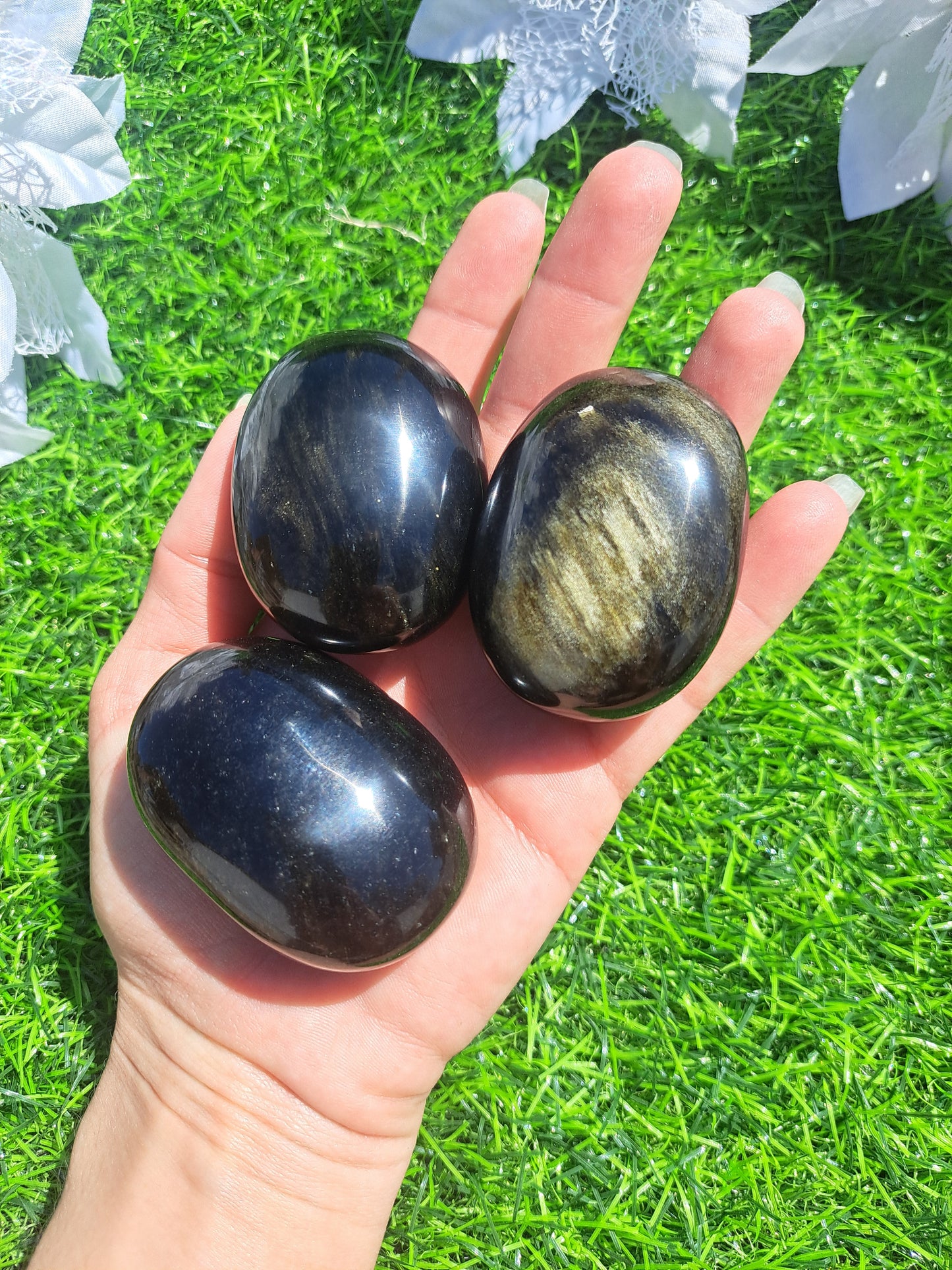 Golden Sheen Obsidian Palm Stone