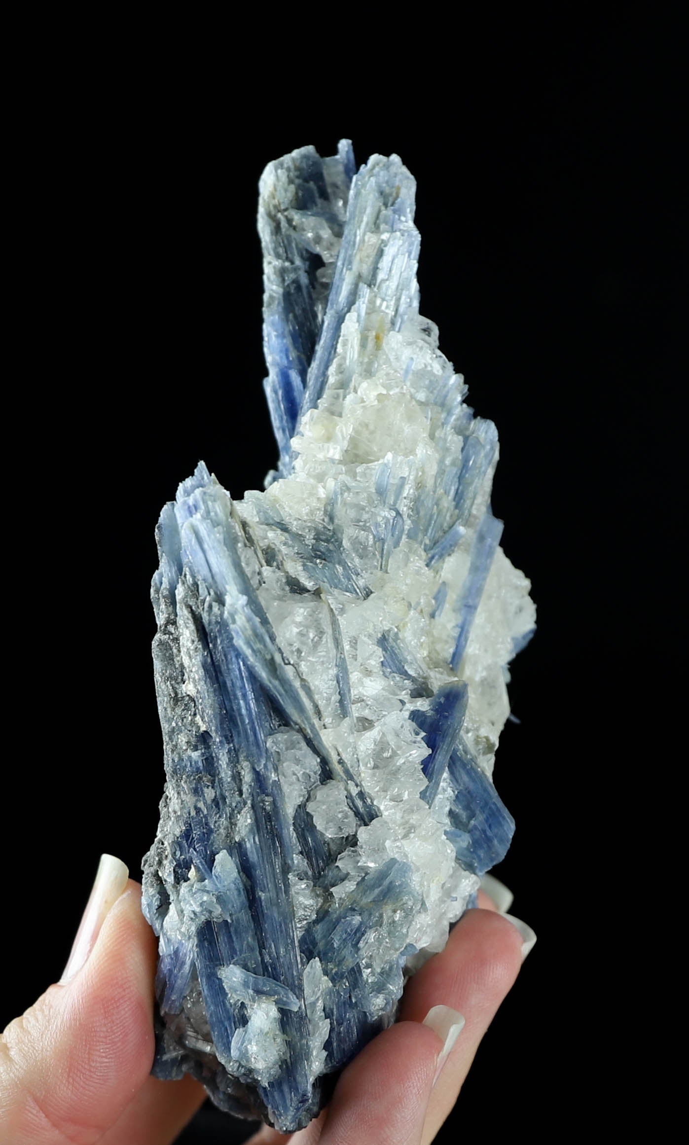 Cianita natural sobre cristal de cuarzo: energía curativa, tranquilidad y equilibrio
