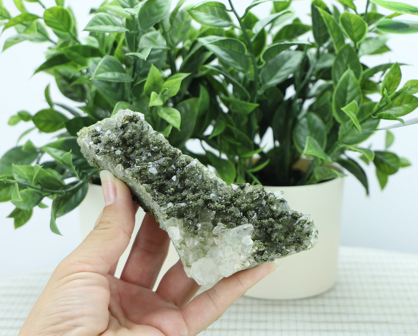 Epidote in Quartz – Mossy Crystal Cluster | Fairy Vibes | Nature Sourced