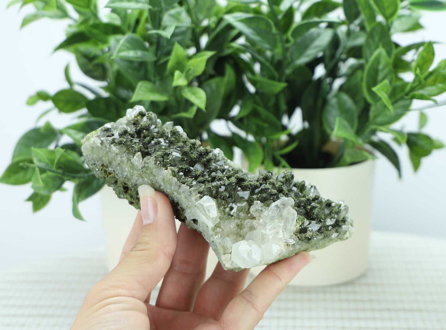 Epidote in Quartz – Mossy Crystal Cluster | Fairy Vibes | Nature Sourced