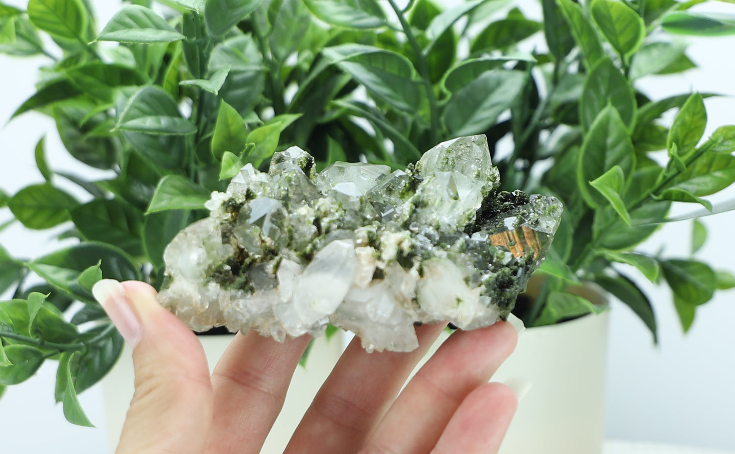 Epidote in Quartz – Mossy Crystal Cluster | Fairy Vibes | Nature Sourced