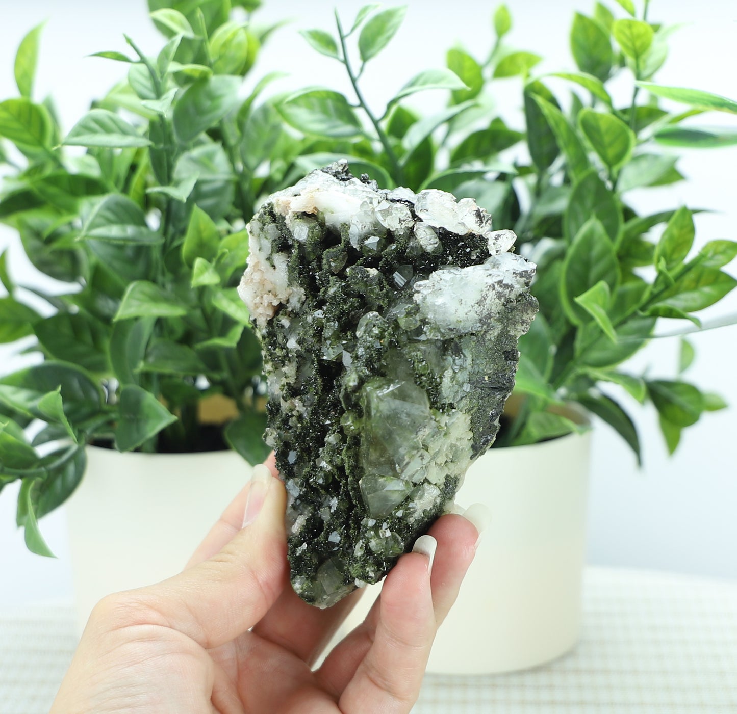 Epidote in Quartz – Mossy Crystal Cluster | Fairy Vibes | Nature Sourced
