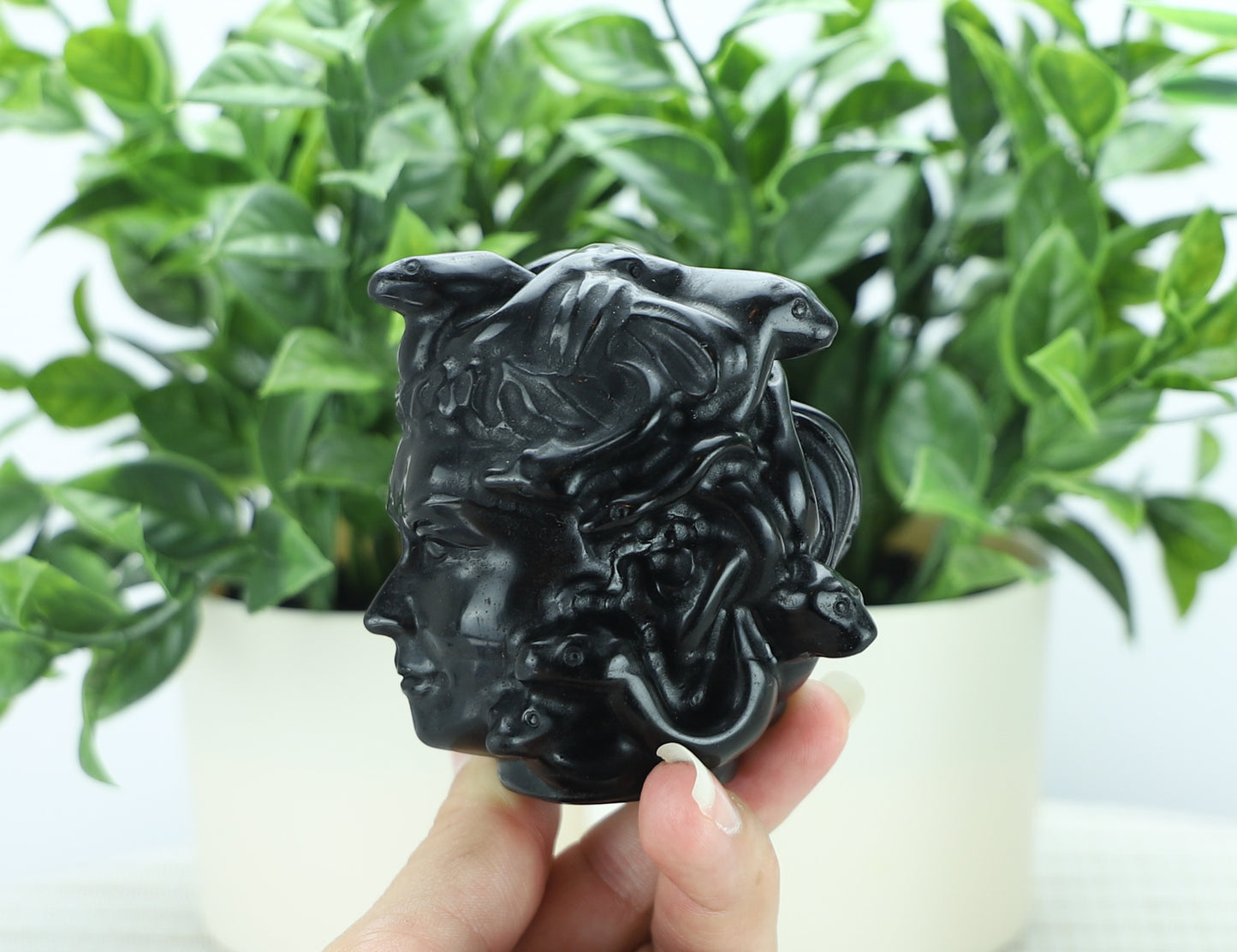Black Obsidian Medusa Head Carving – Crystal Sculpture for Protection, Shadow Work & Home Decor