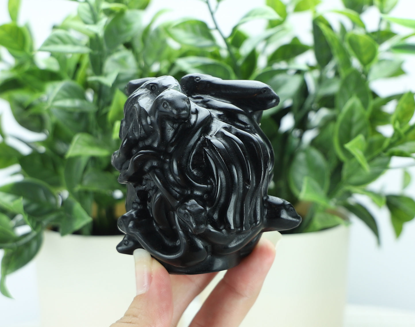 Black Obsidian Medusa Head Carving – Crystal Sculpture for Protection, Shadow Work & Home Decor