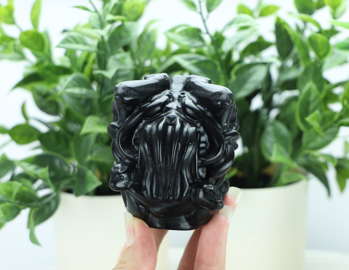 Black Obsidian Medusa Head Carving – Crystal Sculpture for Protection, Shadow Work & Home Decor