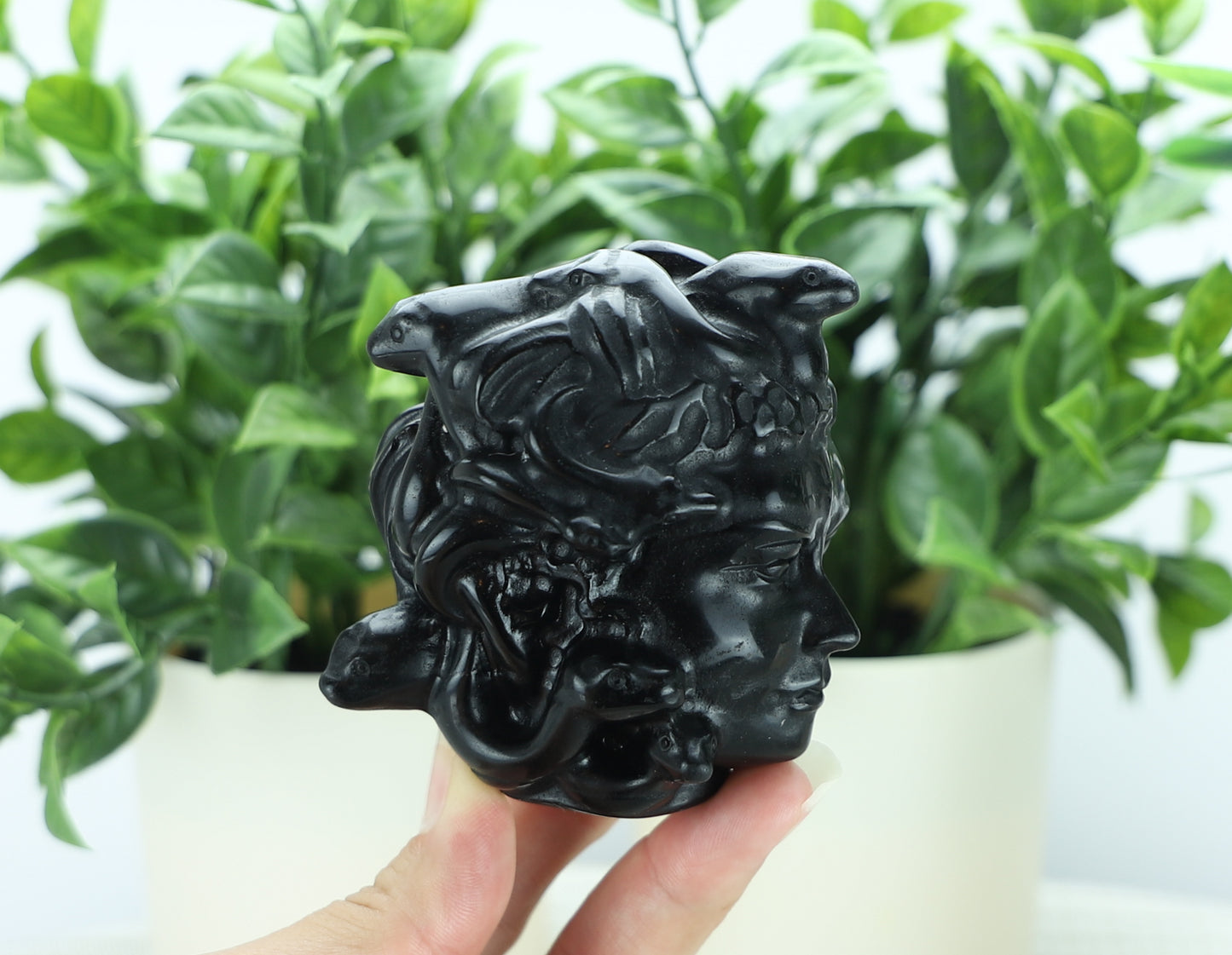 Black Obsidian Medusa Head Carving – Crystal Sculpture for Protection, Shadow Work & Home Decor