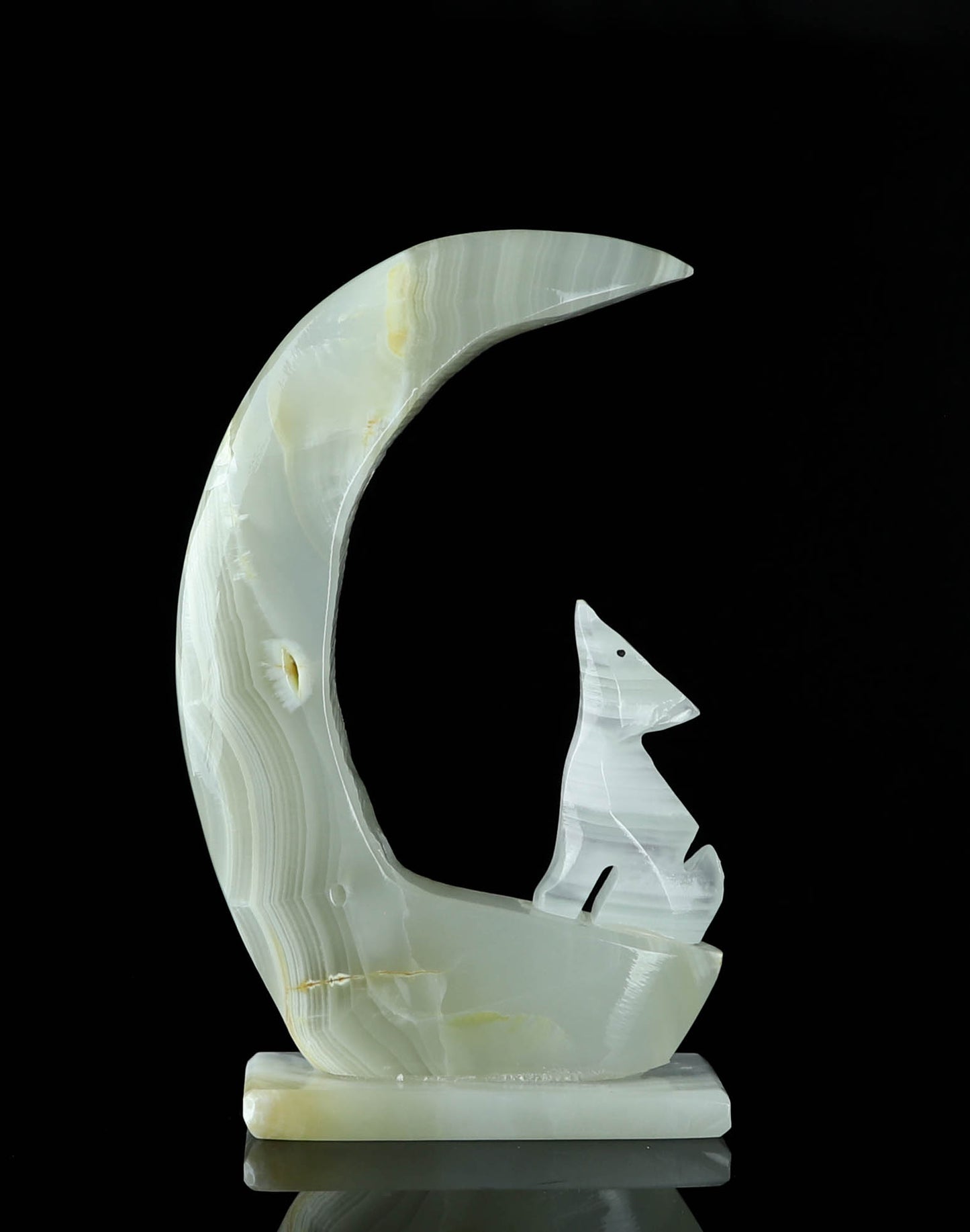Onyx Wolf & Moon Crystal Carving - Healing, Protection, Crystal Collection