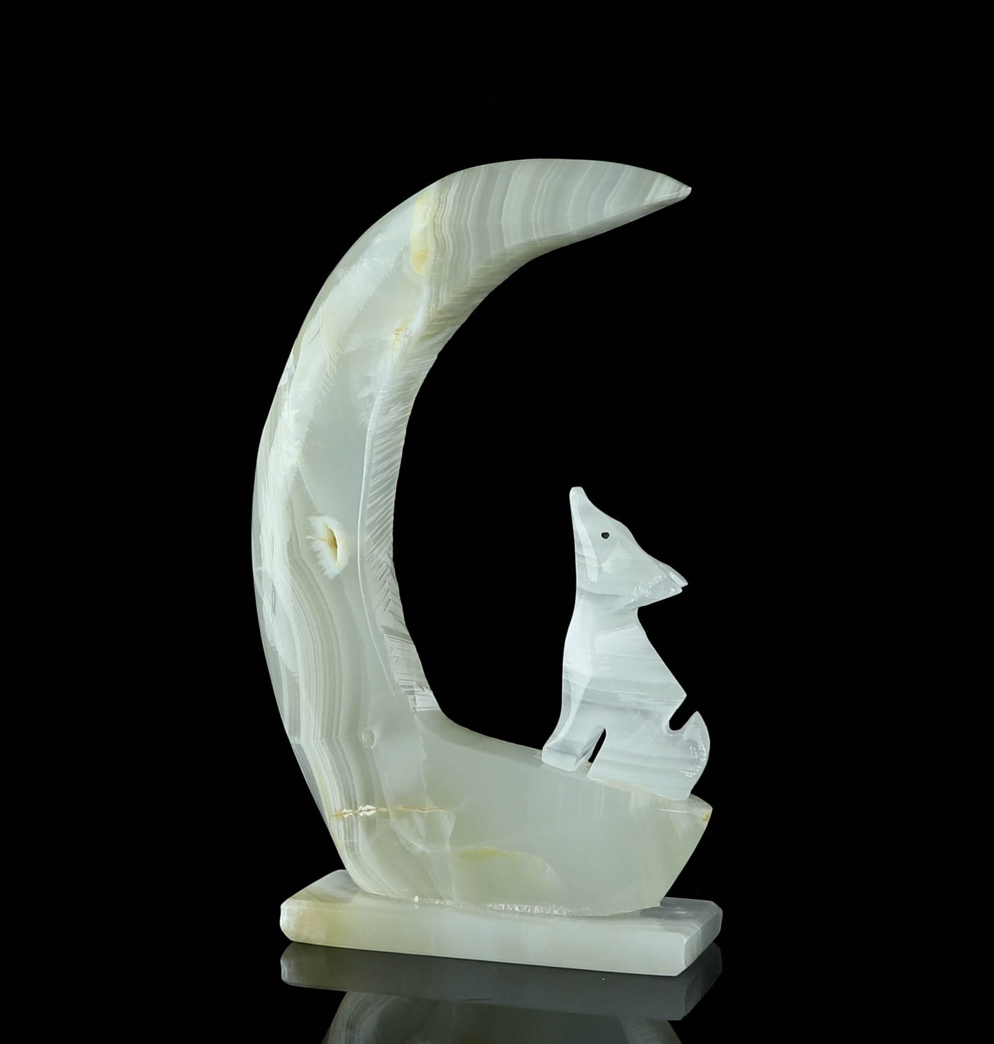 Onyx Wolf & Moon Crystal Carving - Healing, Protection, Crystal Collection