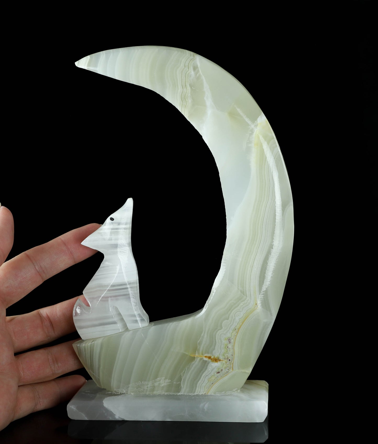 Onyx Wolf & Moon Crystal Carving - Healing, Protection, Crystal Collection