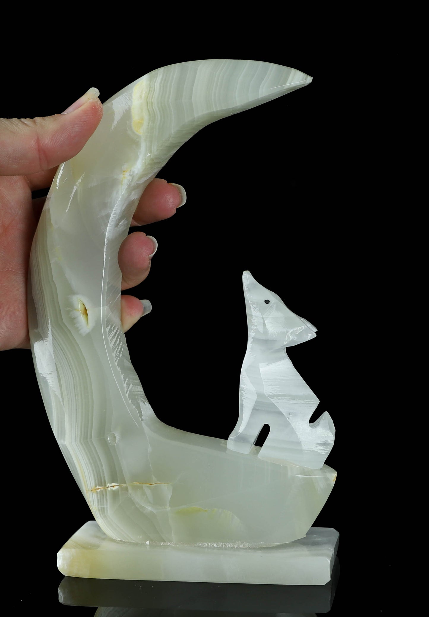 Onyx Wolf & Moon Crystal Carving - Healing, Protection, Crystal Collection