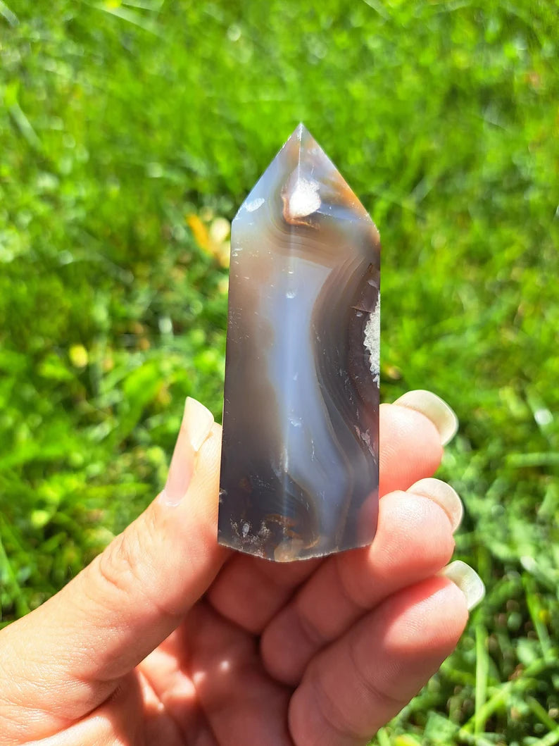Black Flower Agate Tower - Rare Gemstone for Reiki Healing and Meditation