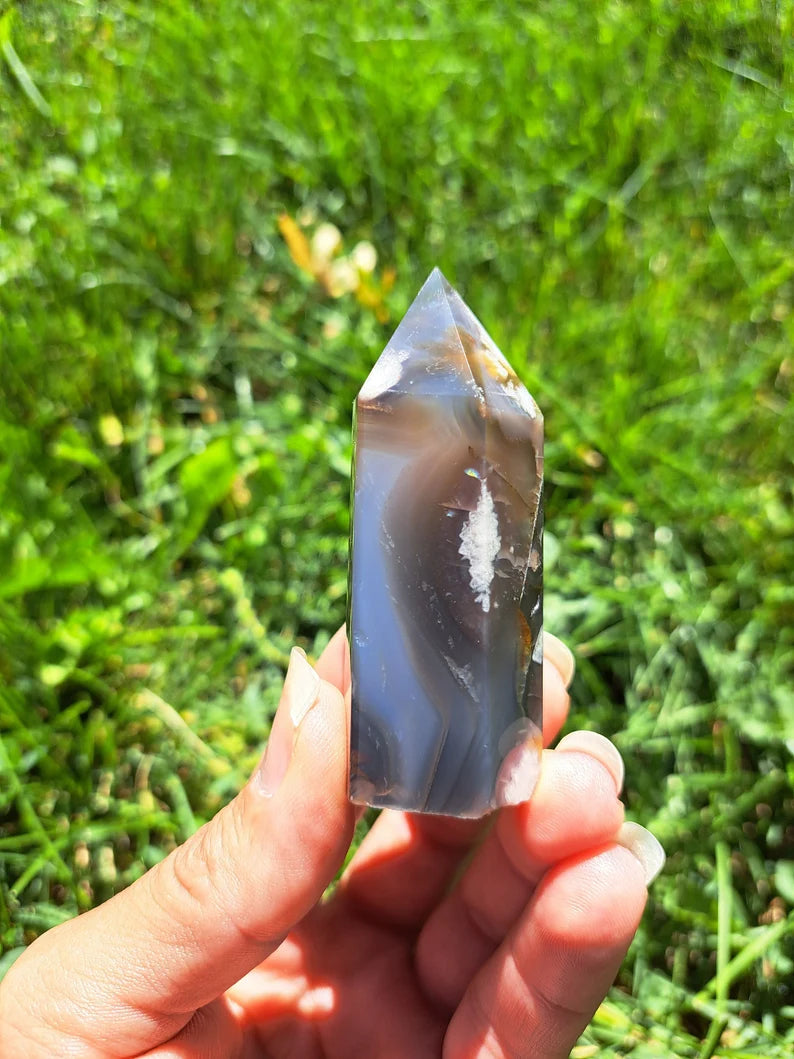 Black Flower Agate Tower - Rare Gemstone for Reiki Healing and Meditation