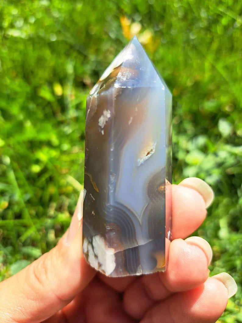Black Flower Agate Tower - Rare Gemstone for Reiki Healing and Meditation