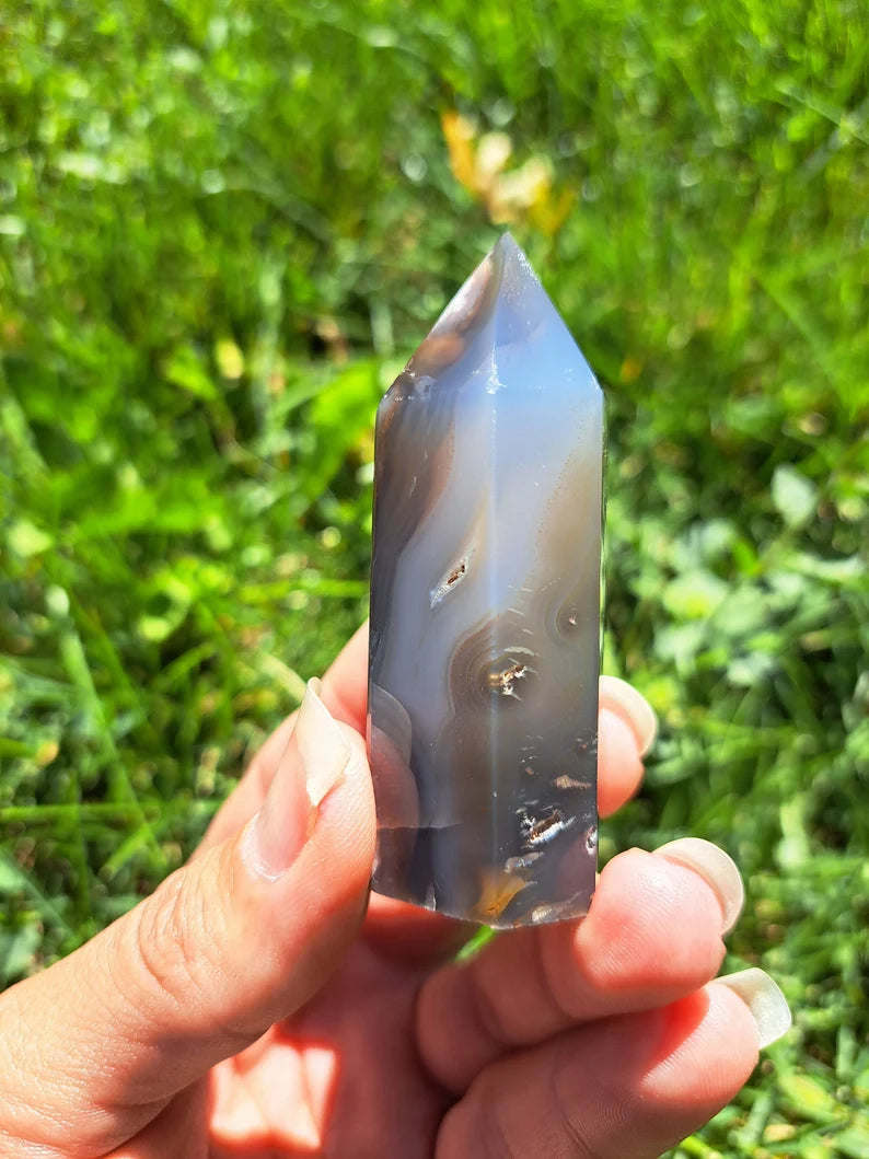 Black Flower Agate Tower - Rare Gemstone for Reiki Healing and Meditation