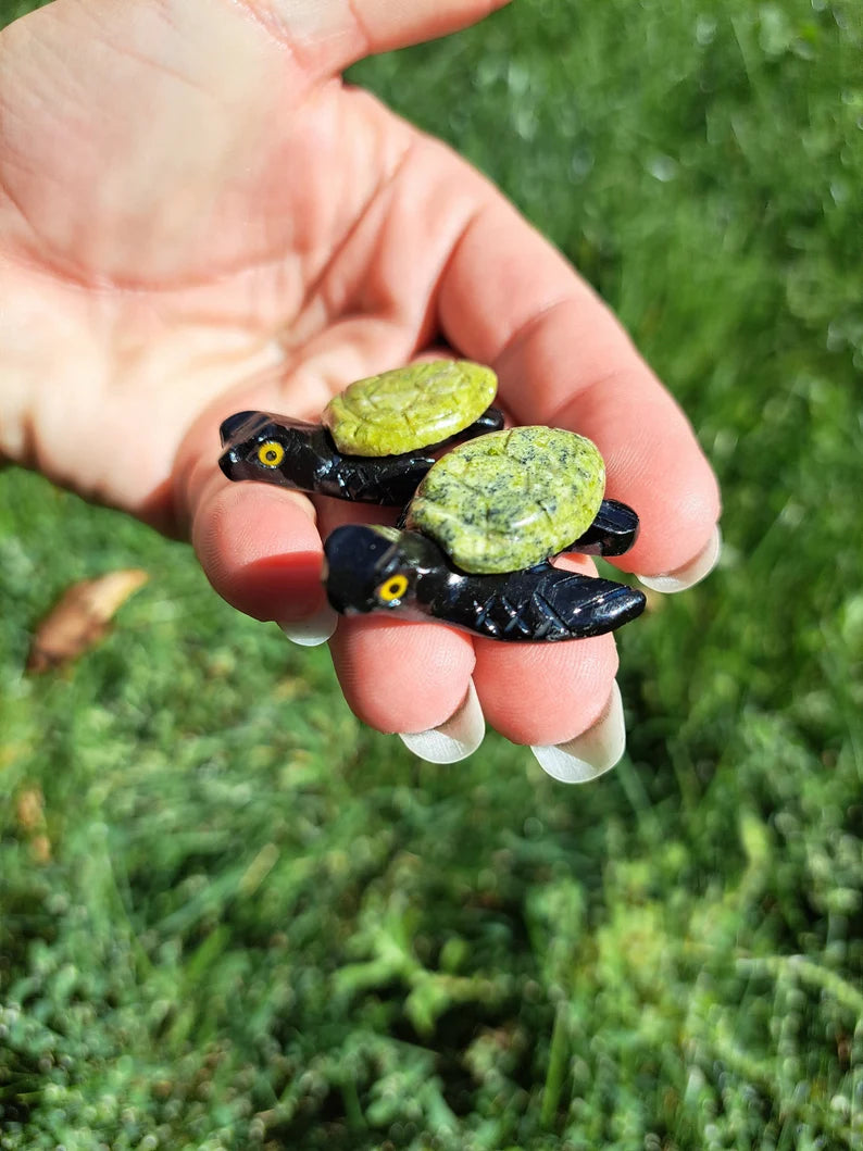 Serpentine and Onyx Turtle Crystal Carving - Home Décor and Healing Stone