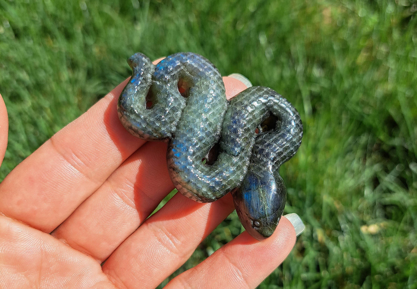 Mystical Serpent Guardian: Powerful Labradorite Snake Carving