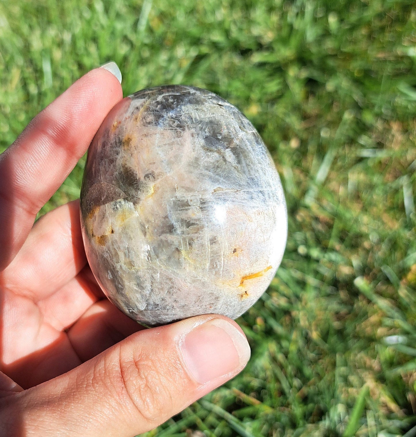 Piedra de palma de piedra lunar negra: intuición, protección y equilibrio energético