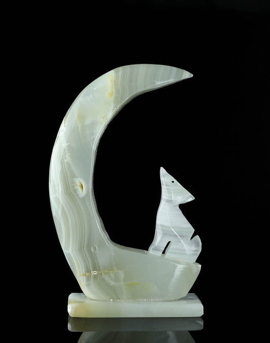 Onyx Wolf & Moon Crystal Carving - Healing, Protection, Crystal Collection