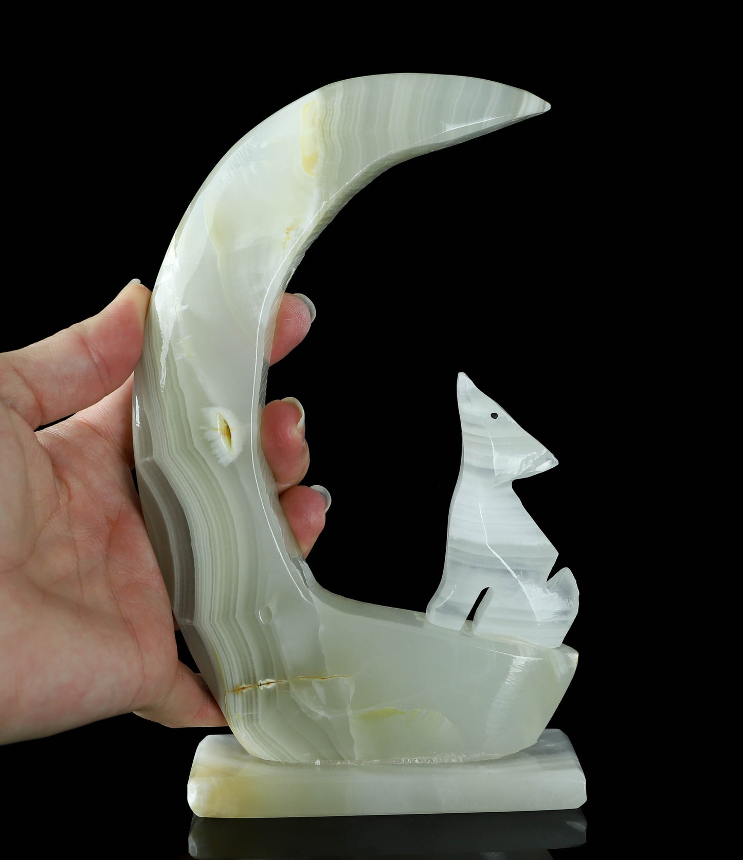 Onyx Wolf & Moon Crystal Carving - Healing, Protection, Crystal Collection