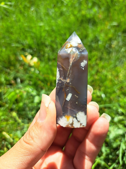 Black Flower Agate Tower - Rare Gemstone for Reiki Healing and Meditation